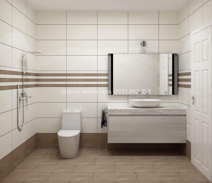 Phối cảnh mẫu gạch ốp tường giả vân gỗ và lát nền giả gỗ đá mờ cao cấp cho phòng tắm và toilet