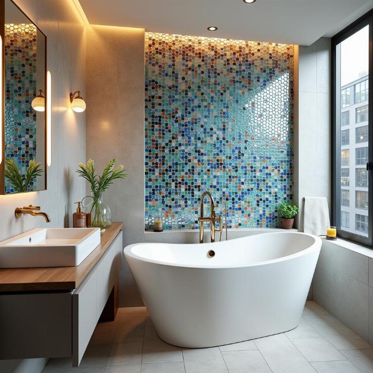 Gạch kính mosaic ốp tường phòng tắm hiện đại