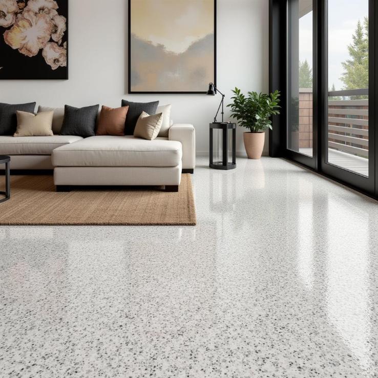 Gạch lát terrazzo mang đến vẻ đẹp hiện đại cho phòng khách